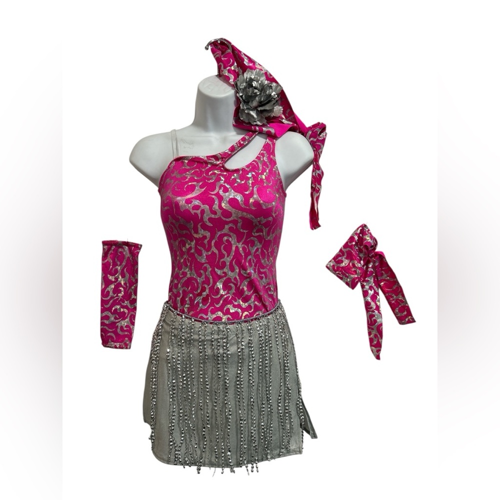 Curtain Call Costumes Pink and Silver jazz outfit